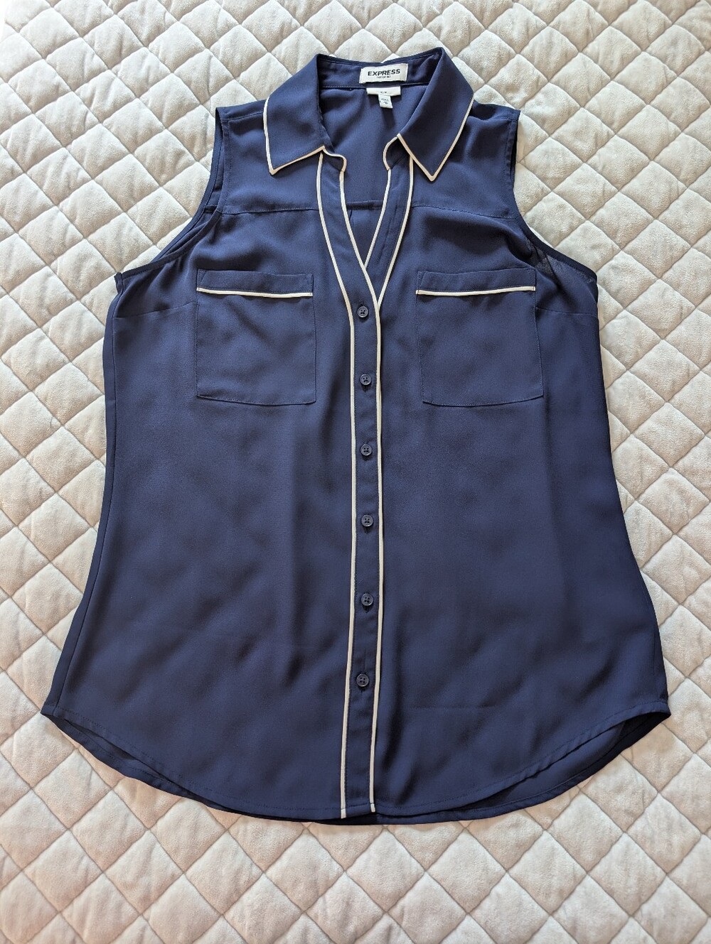 Express Portofino Shirt, Sleeveless, Navy And White, Size Small